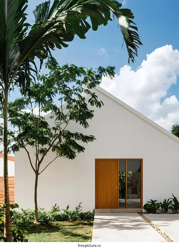 Minimalist White House with Wooden Door and Palm Trees in Front
