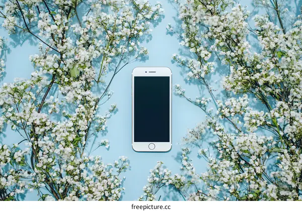 White Flowers And Modern Smartphone On Blue Background
