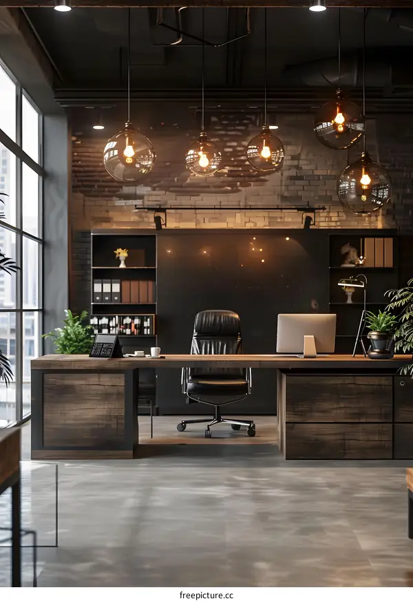 Modern industrial style home office interior design with brick wall and large windows