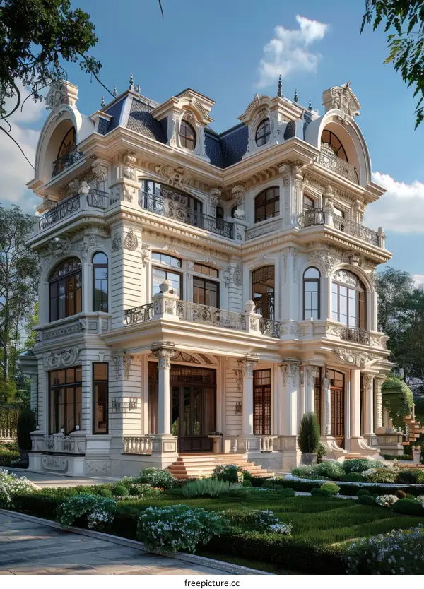 European-style three-story villa with a large garden