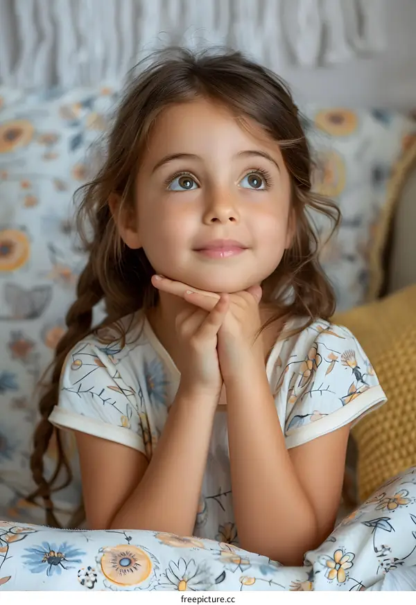 Little Girl with Braids Looking Up with Wonder