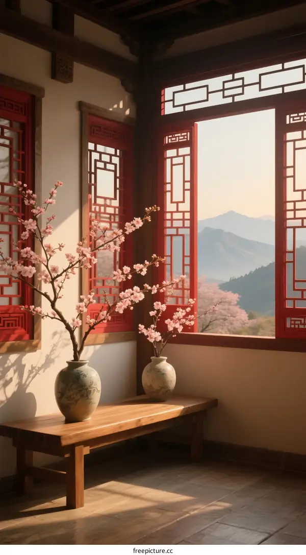 Traditional Chinese Room with Cherry Blossom and Mountain View