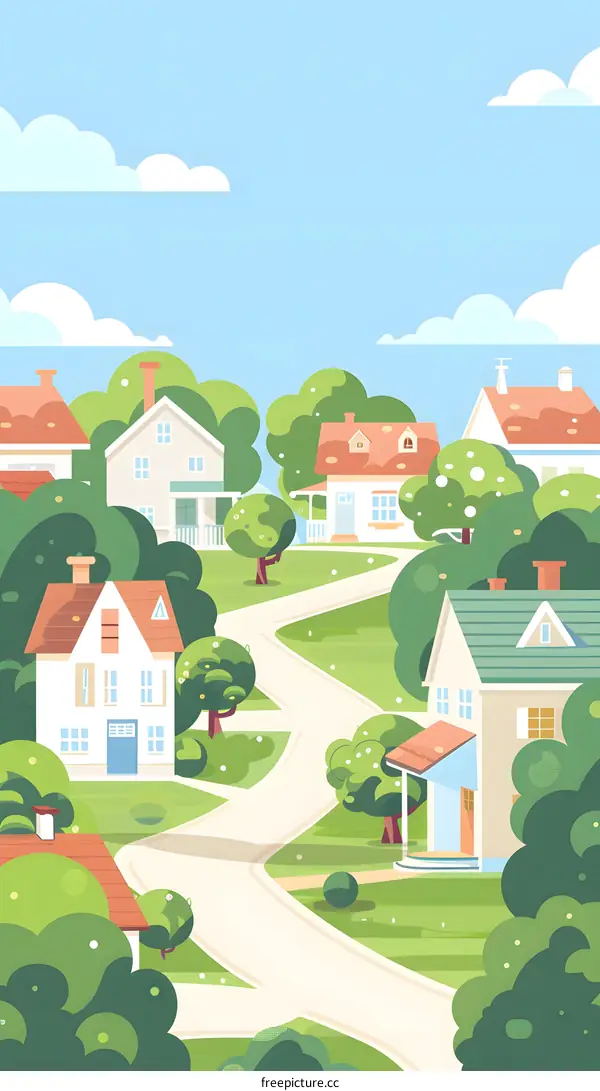 Cartoon Illustration of a Winding Road Leading Through a Small Town With Houses and Trees