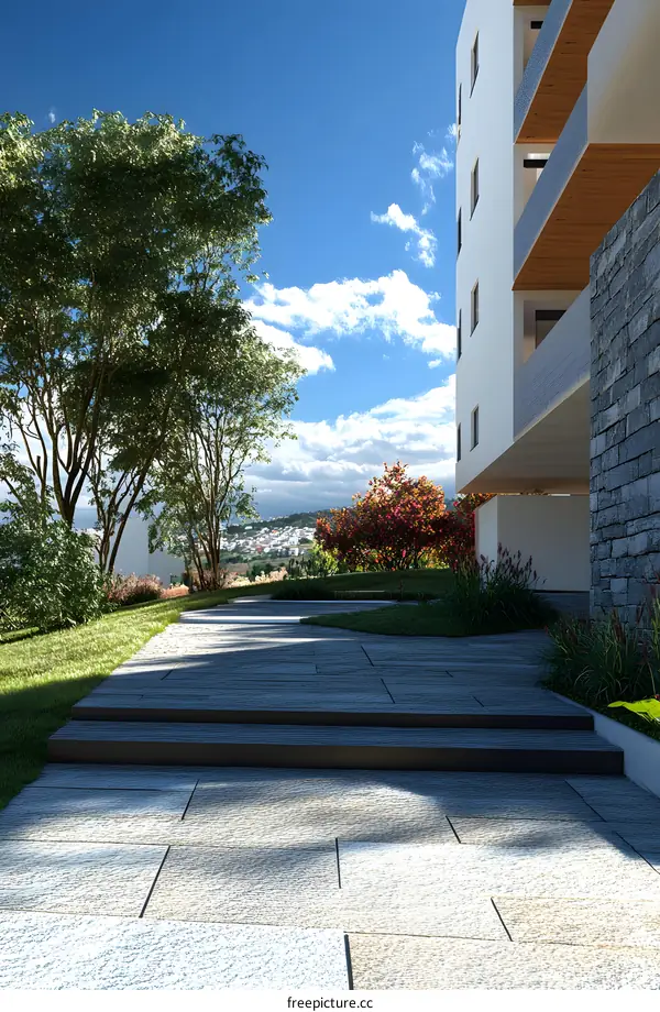 Modern Building Exterior With Green Grass And Pathway