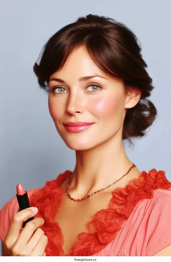 Beautiful Woman Holding Lipstick in a Studio Setting