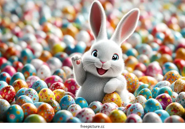 Cute Easter Bunny Surrounded by Colorful Eggs