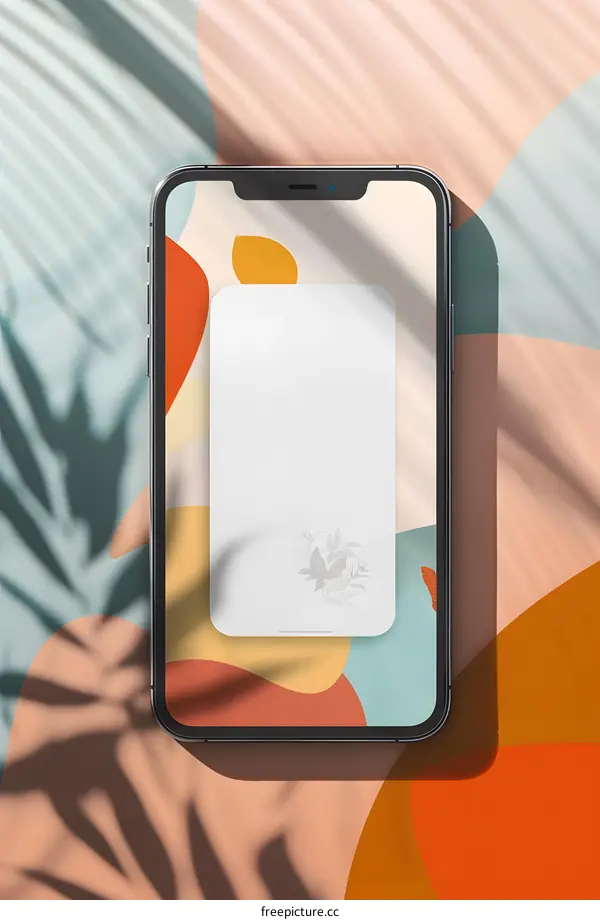 White Mobile Phone Mockup with Abstract Background and Floral Illustration
