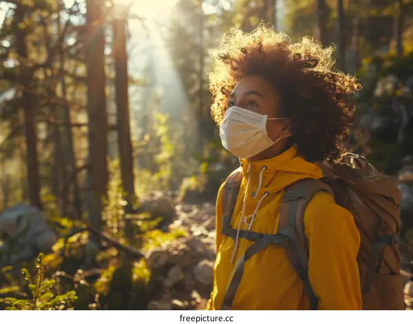 Young woman wearing a mask hiking in the forest