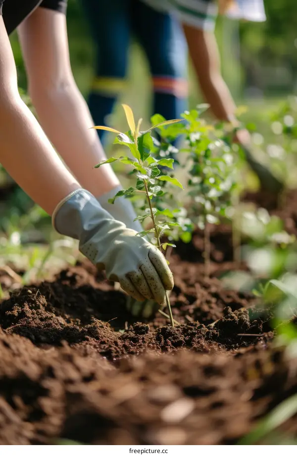 Two volunteers planting a tree in the soil to help the environment and reduce carbon emissions