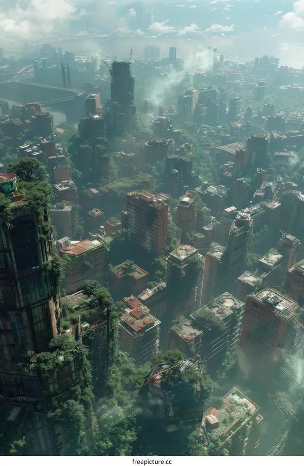 Overgrown Cityscape, Futuristic World, Nature Reclaims Urban Structures