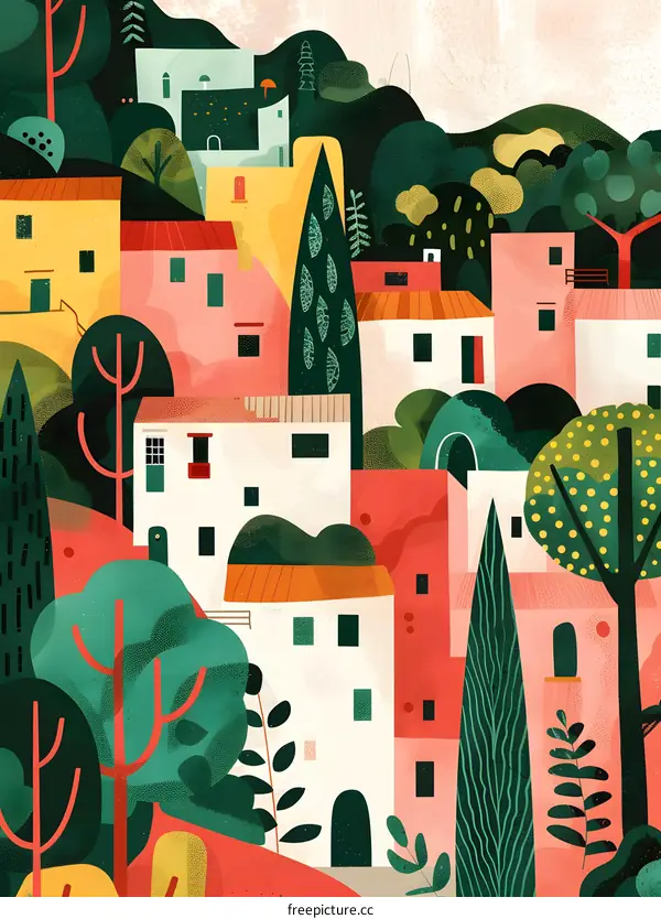 Colorful Illustration of a European Village with Houses and Trees