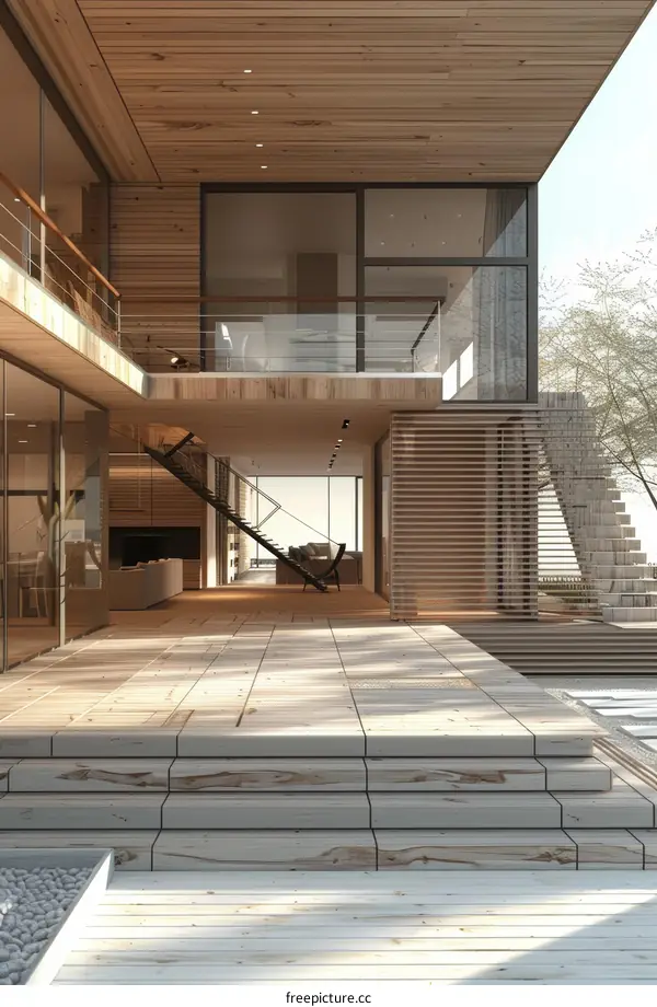 Wooden house with large glass windows and a wooden terrace