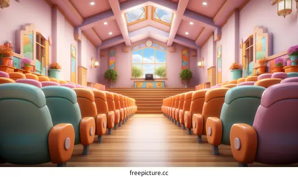 Auditorium with pink and blue seats