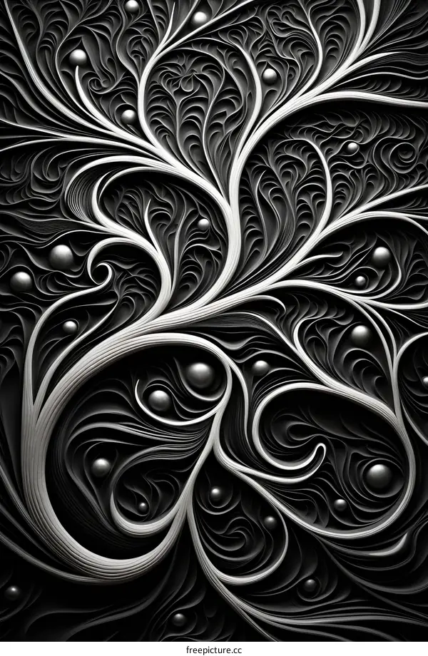 Black and white tree of life with round fruits