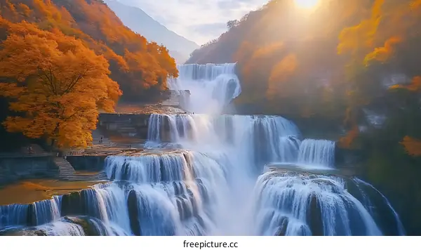 Autumn Waterfall Scenic Beauty with Tourists