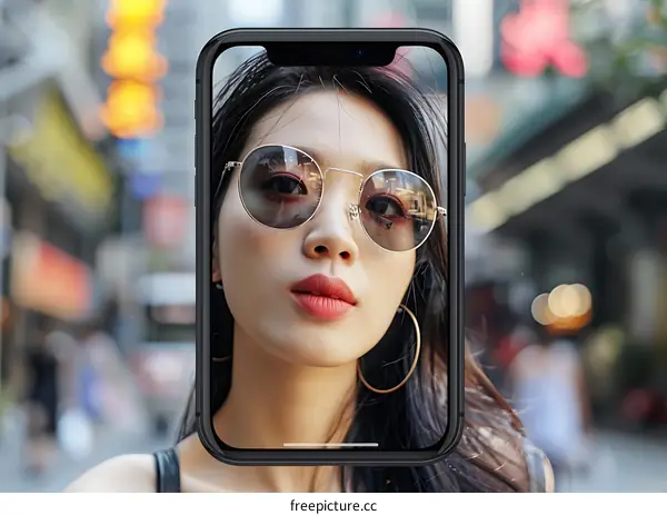 Woman with Sunglasses Holding a Smartphone in the City