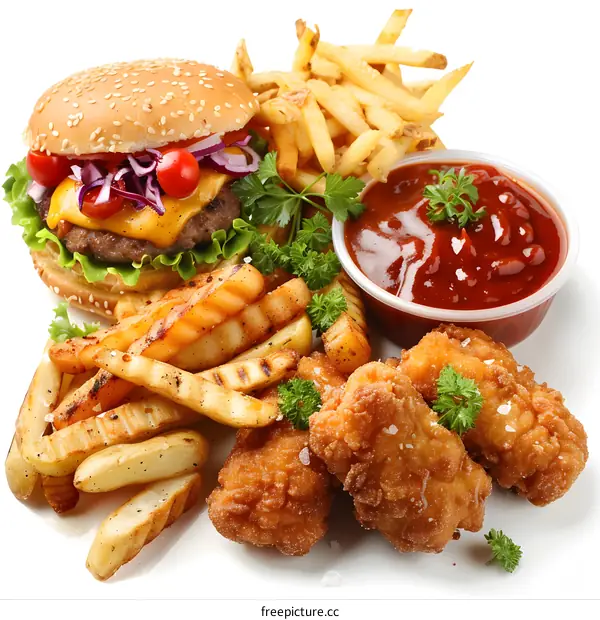 Fast Food Meal with Burger, Fries, Nuggets, and Sauce