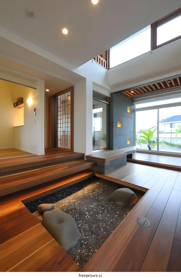 Modern Japanese Home Interior Design With Wooden Floor And Stone Garden