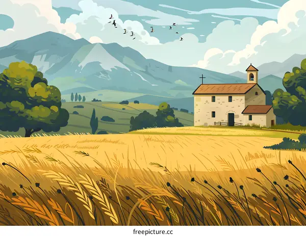 Rural Church Landscape With Mountains and Wheat Field