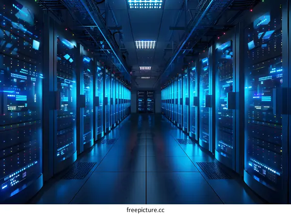 Server room with blue lights