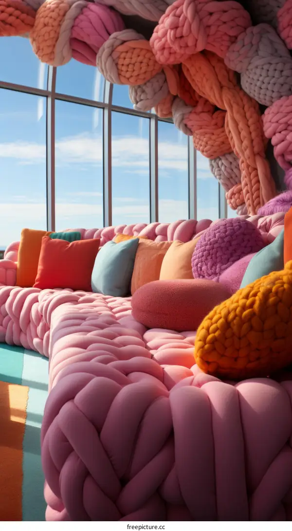 A cozy pink and blue sectional sofa with a view of the city