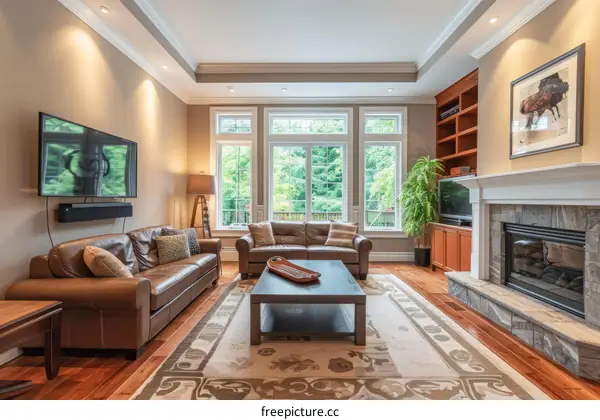 Luxurious Living Room with Fireplace and Hardwood Floors