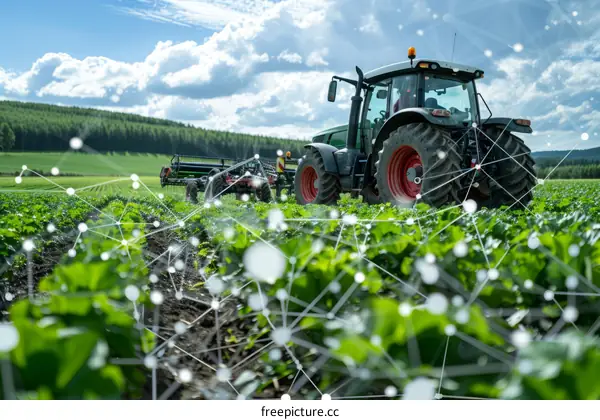 Tractor working in a field with a blue sky and white clouds in the background