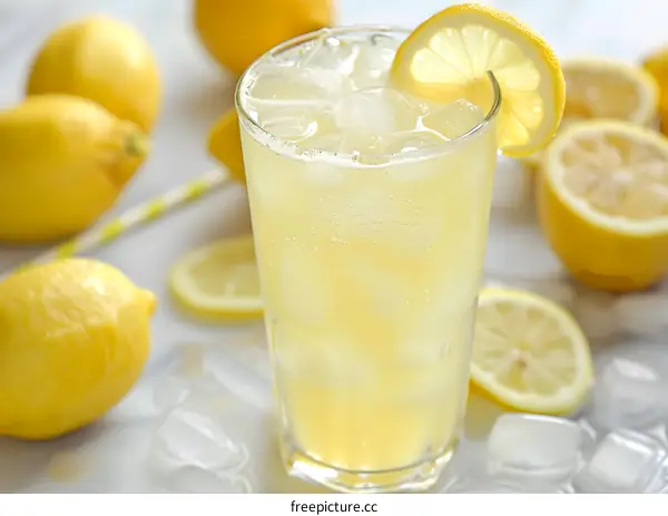 Refreshing Cold Lemon Drink With Ice Cubes