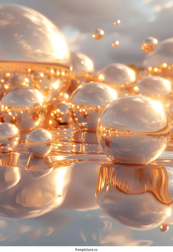 Gilded Spheres Float on Water, Capturing the Glimmering Sun's Rays
