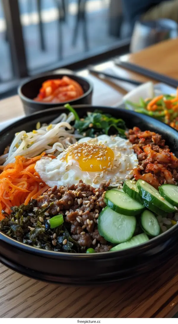 Korean Food Bibimbap With Egg And Vegetables In Black Bowl