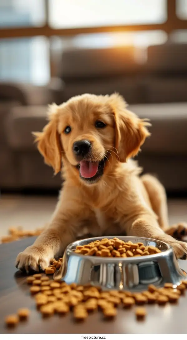 Golden Retriever Puppy Enjoying Dry Food