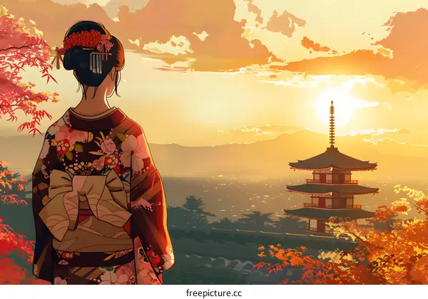 A woman in a kimono looking at a pagoda in the distance