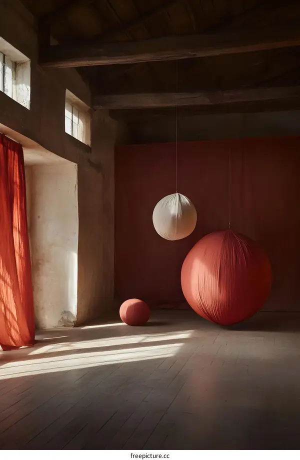 Red and White Fabric Lamps Hanging In Empty Room