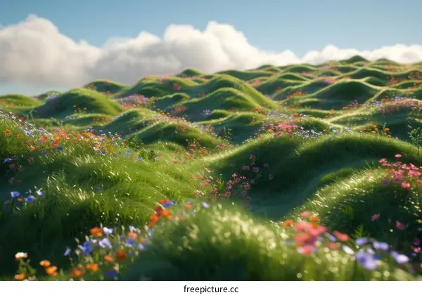 Rolling green hills covered with various wildflowers under a blue sky with white clouds