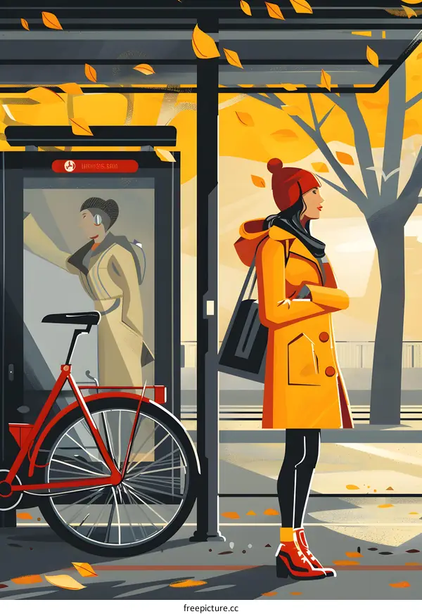 Woman in Yellow Coat Waiting at Bus Stop with Red Bicycle