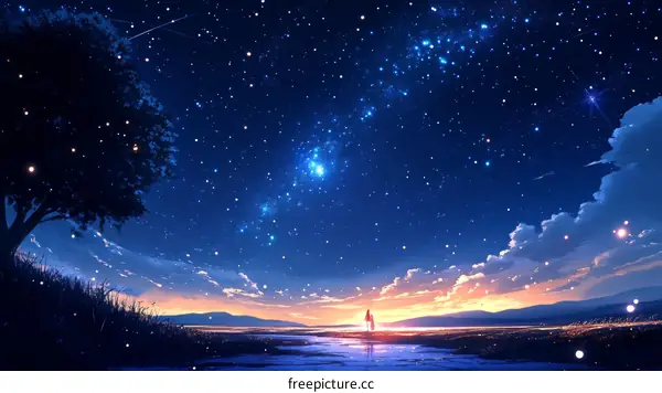Starry Night Fantasy Landscape with Two People