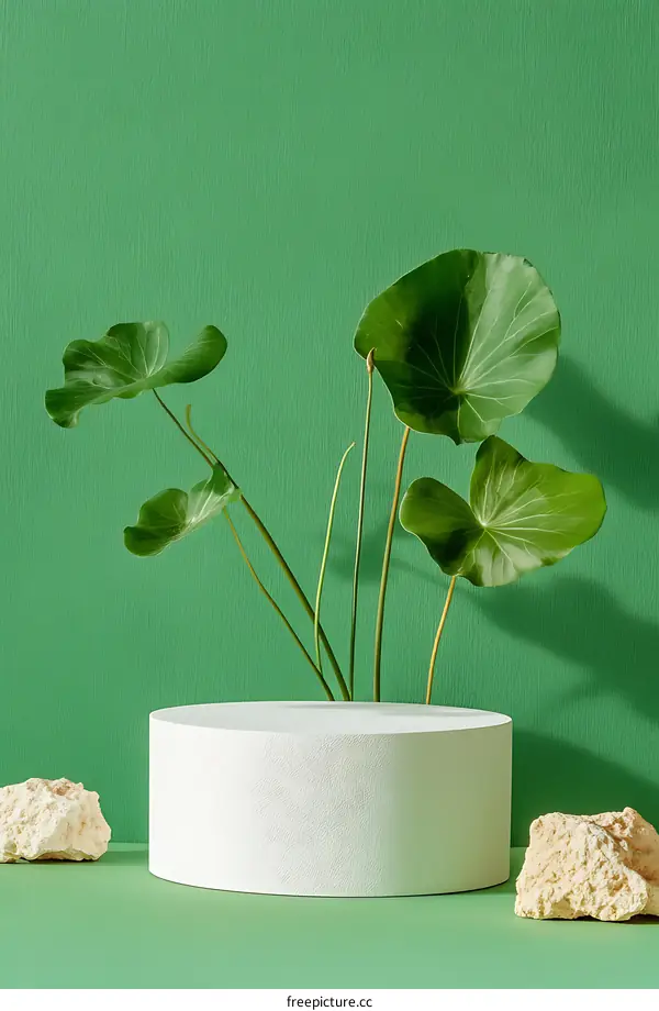 Modern Minimalist Scene with White Cylinder and Green Plants