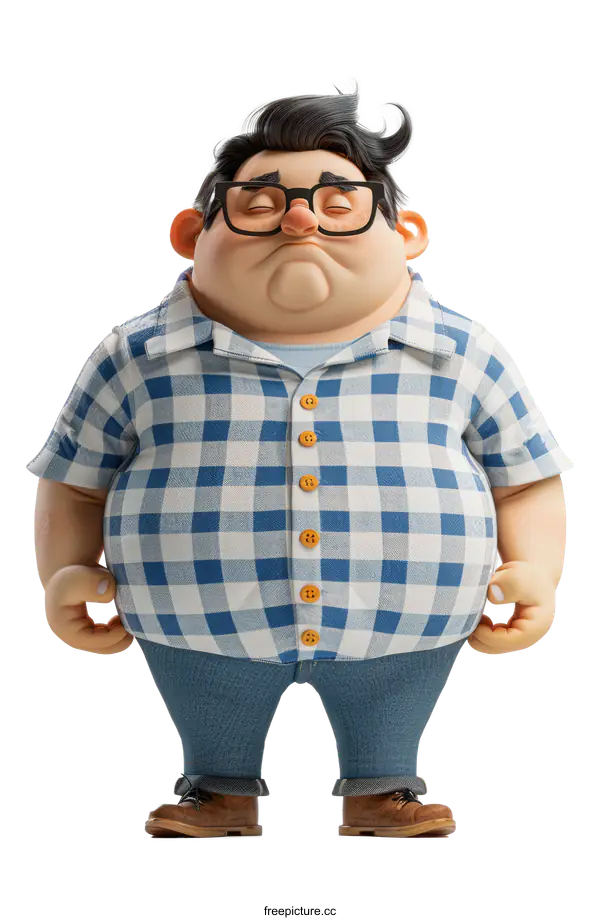 [Transparent Background PNG]Chubby Asian Man Character with Glasses in Plaid Shirt