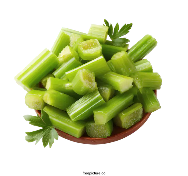 [Transparent Background PNG]Freshly Cut Celery Stalks in a Wooden Bowl