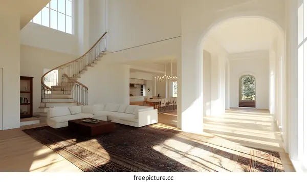 Modern Interior Design with a Spiral Staircase and a Large Window