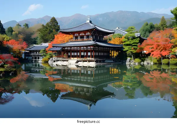 Traditional Japanese Architecture Reflected in Calm Pond with Autumn Foliage