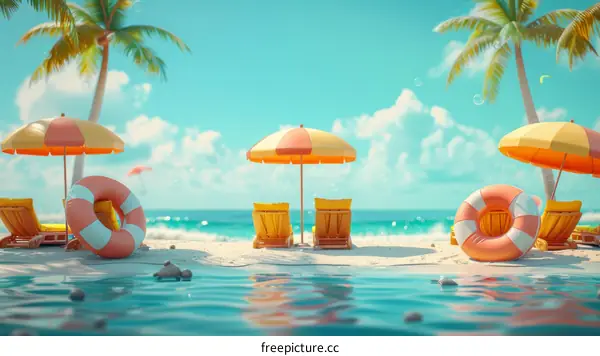 Relaxing beach scene with two chairs and umbrellas