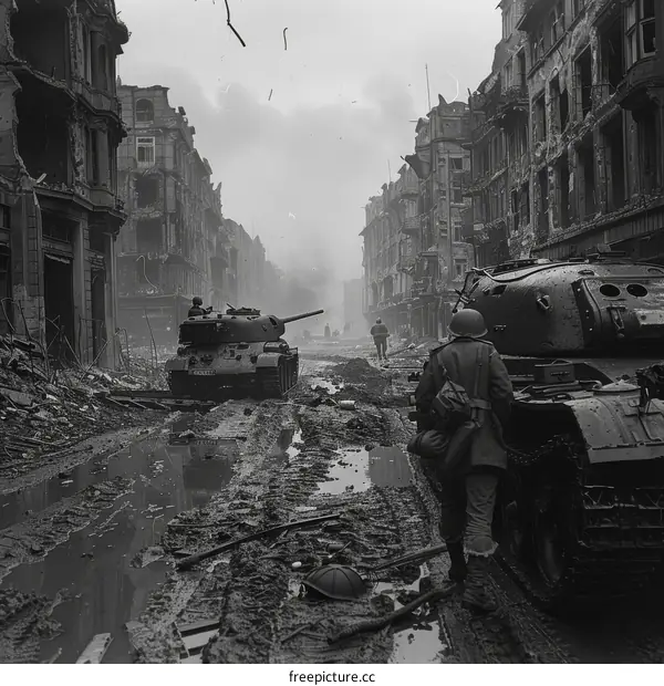 A soldier walking through a destroyed city during World War II.