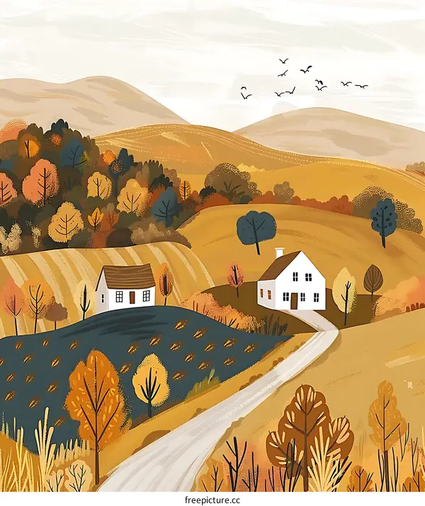 Autumn Landscape Illustration with Houses and Winding Road