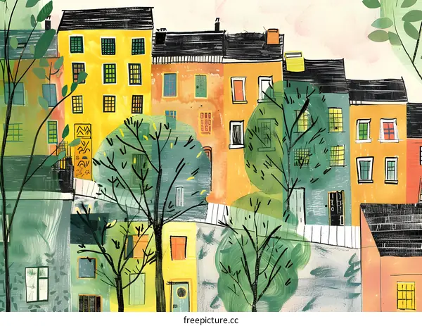 Colorful Illustration of a Row of Houses With Trees