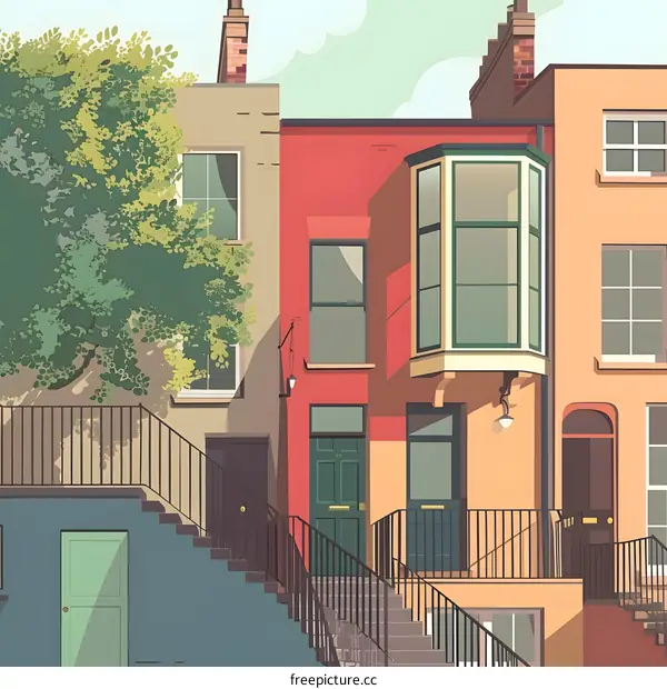 Illustration of Colorful Houses with Stairs and a Green Tree