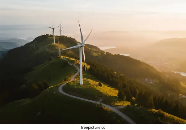 Aerial view of wind turbines on a mountain at sunrise