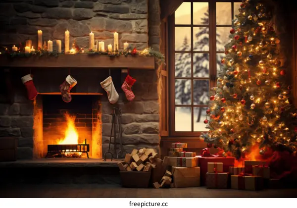 Christmas living room interior with fireplace, decorated Christmas tree and gifts