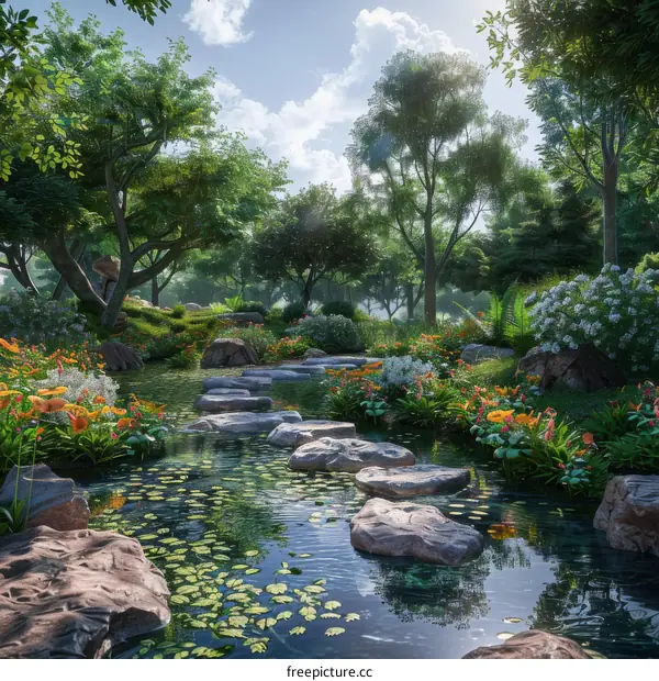 Stepping Stones in a Lush Garden with a Pond