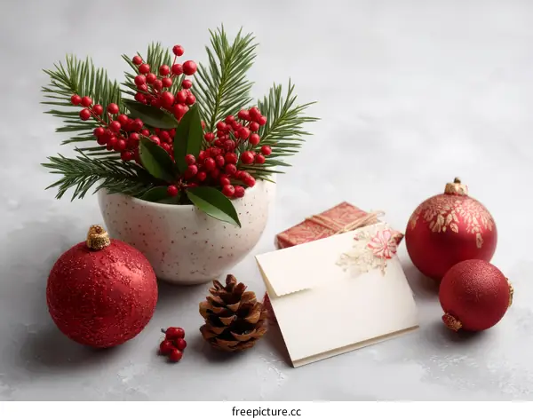 Christmas Decoration Arrangement on a Light Grey Surface